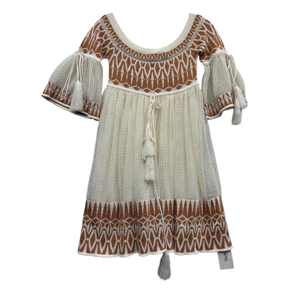 Ronny Kobo Women's Adina Mini Dress Geometric Pattern Tassel Bell Sleeve Boho‎ S